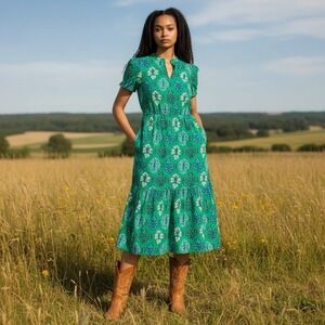 J. CREW Green Floral Ruffleneck Puff-Sleeve Tiered MIDI Dress Size 00 NEW